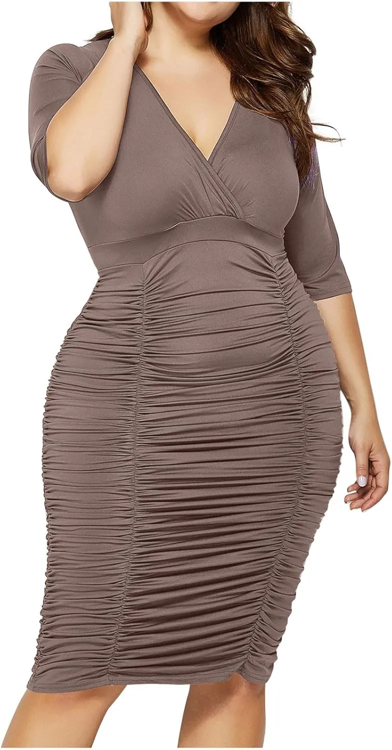 Plus Size Dresses for Curvy Women Formal Guest Ruched V Neck Low Cut Gowns Half Sleeve Elegant Evening Dresses