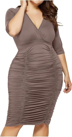 Plus Size Dresses for Curvy Women Formal Guest Ruched V Neck Low Cut Gowns Half Sleeve Elegant Evening Dresses