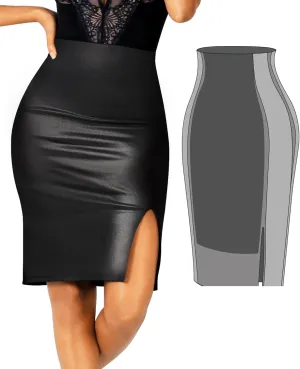 Popilush Faux Leather Skirts with Built in Shapewear Tummy Control High Waist Midi Skirt for Women Black
