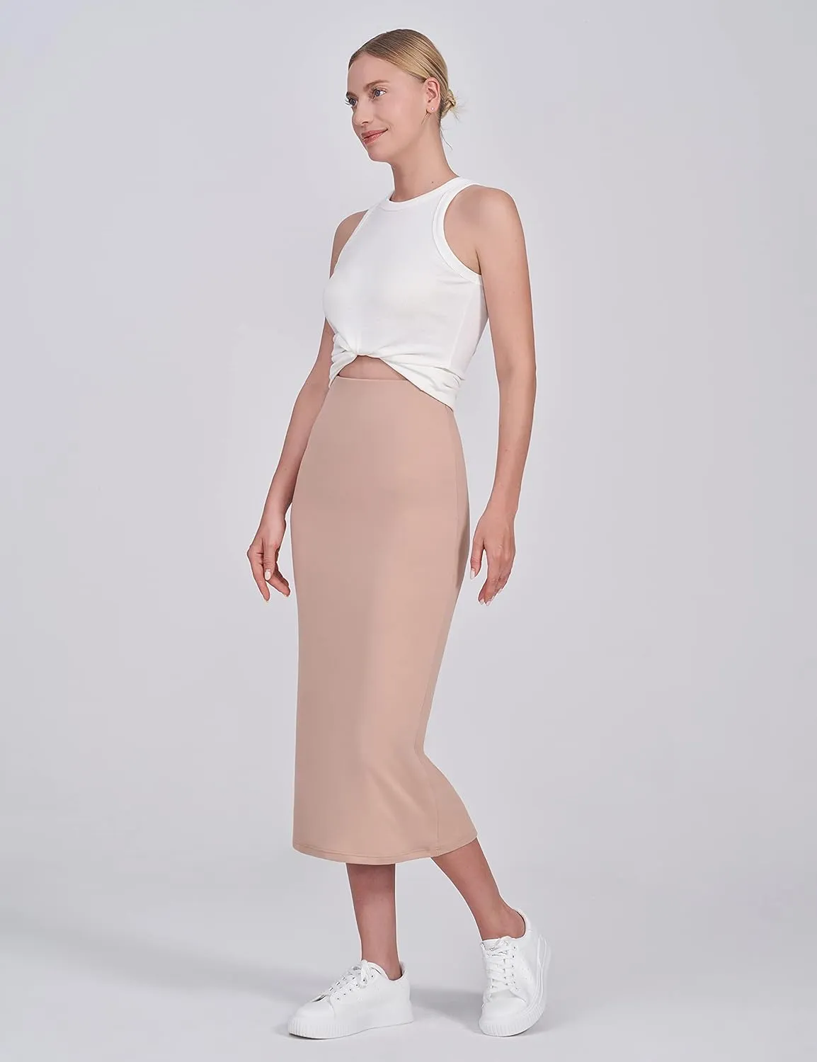 POSHDIVAH Women's Maternity Skirt Over The Belly Midi High Waisted Solid Stretchy Pregnancy Pencil Skirt