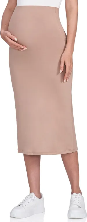 POSHDIVAH Women's Maternity Skirt Over The Belly Midi High Waisted Solid Stretchy Pregnancy Pencil Skirt