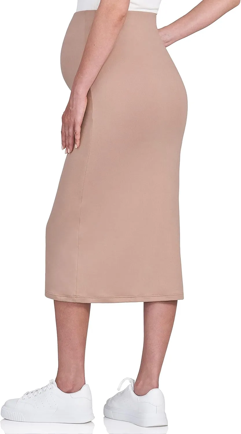 POSHDIVAH Women's Maternity Skirt Over The Belly Midi High Waisted Solid Stretchy Pregnancy Pencil Skirt