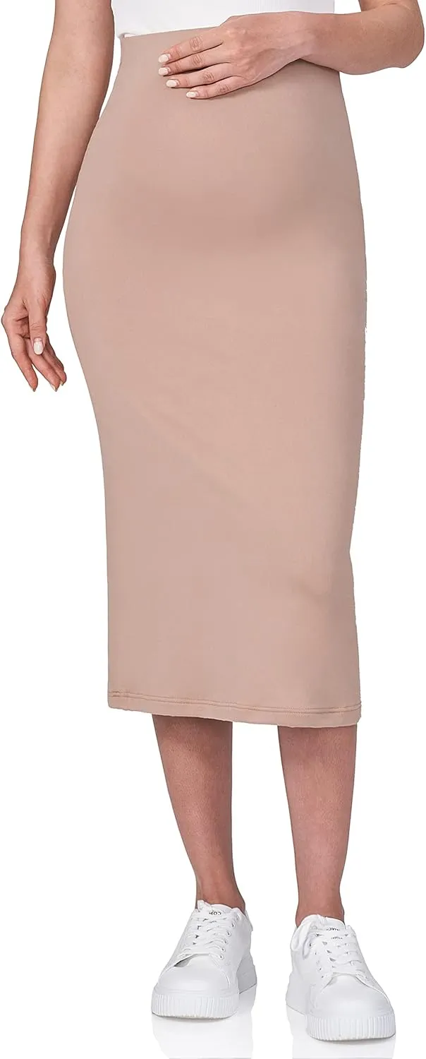 POSHDIVAH Women's Maternity Skirt Over The Belly Midi High Waisted Solid Stretchy Pregnancy Pencil Skirt