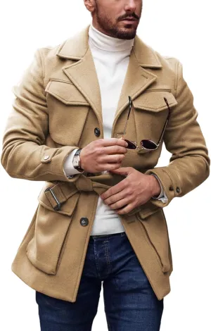 Pretifeel Mens Trench Coat Slim Fit Wool Blends Business Lapel Belted Overcoat Winter Casual Peacoat Jacket