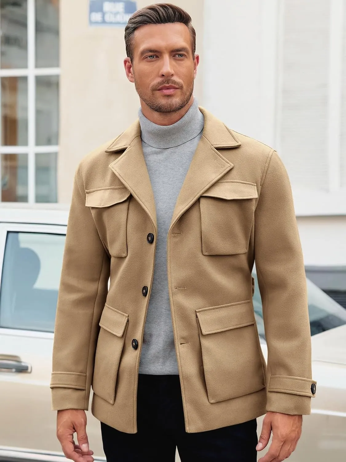 Pretifeel Mens Trench Coat Slim Fit Wool Blends Business Lapel Belted Overcoat Winter Casual Peacoat Jacket