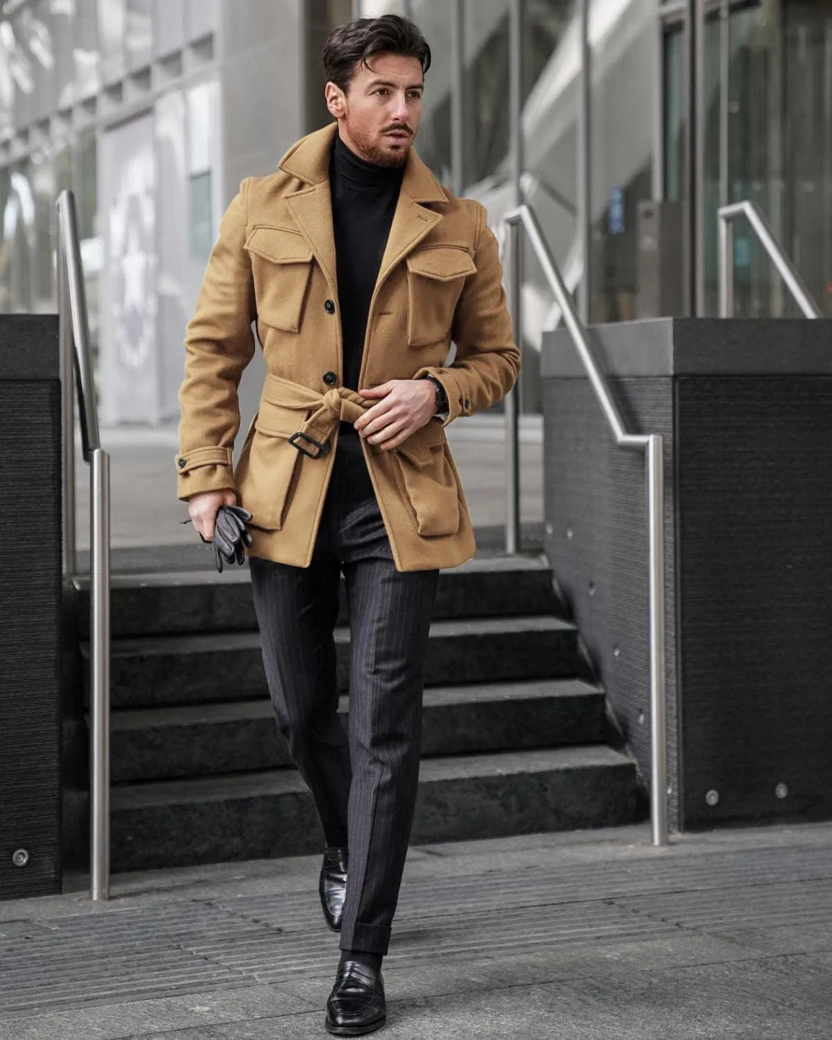 Pretifeel Mens Trench Coat Slim Fit Wool Blends Business Lapel Belted Overcoat Winter Casual Peacoat Jacket