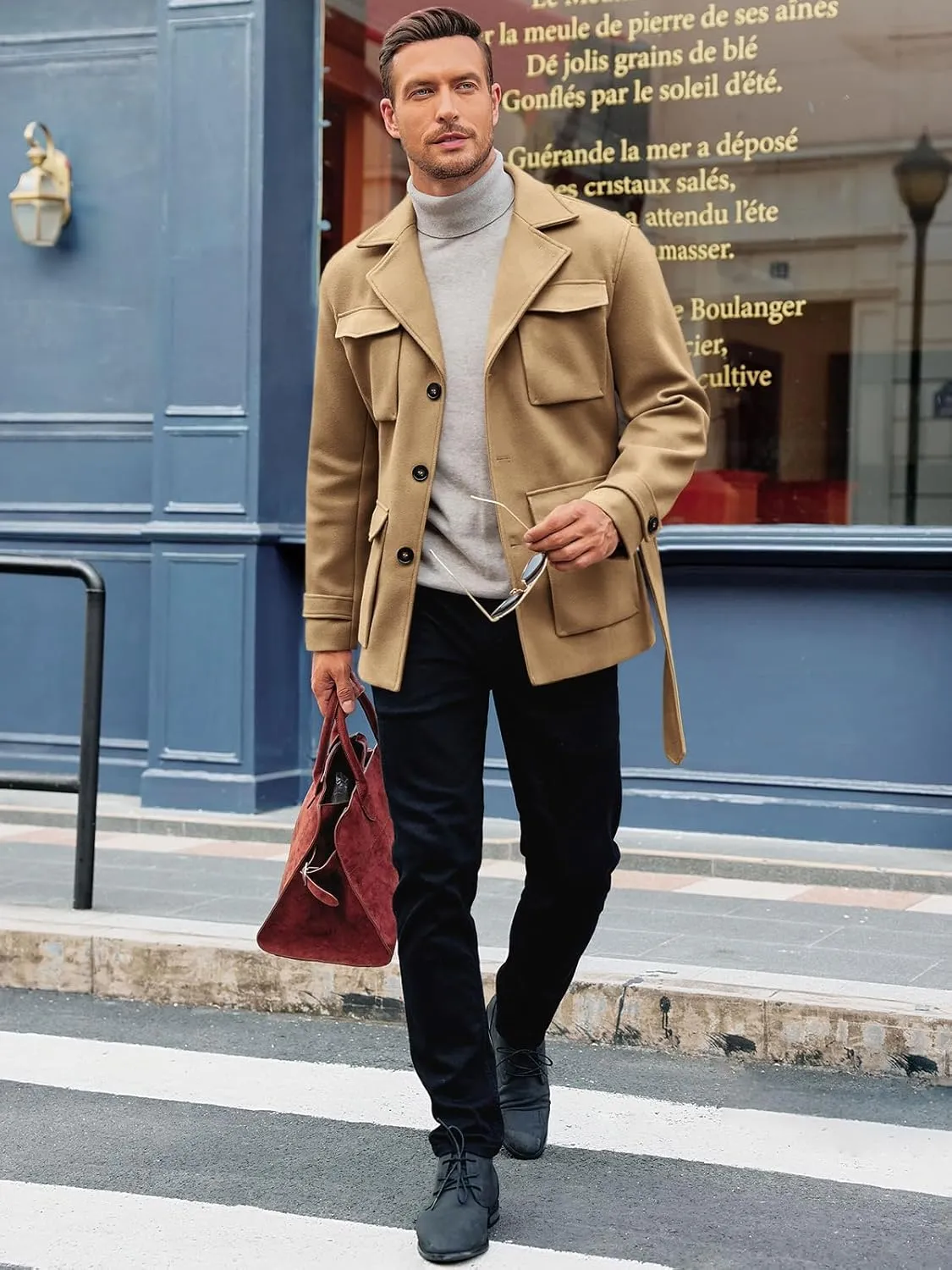 Pretifeel Mens Trench Coat Slim Fit Wool Blends Business Lapel Belted Overcoat Winter Casual Peacoat Jacket