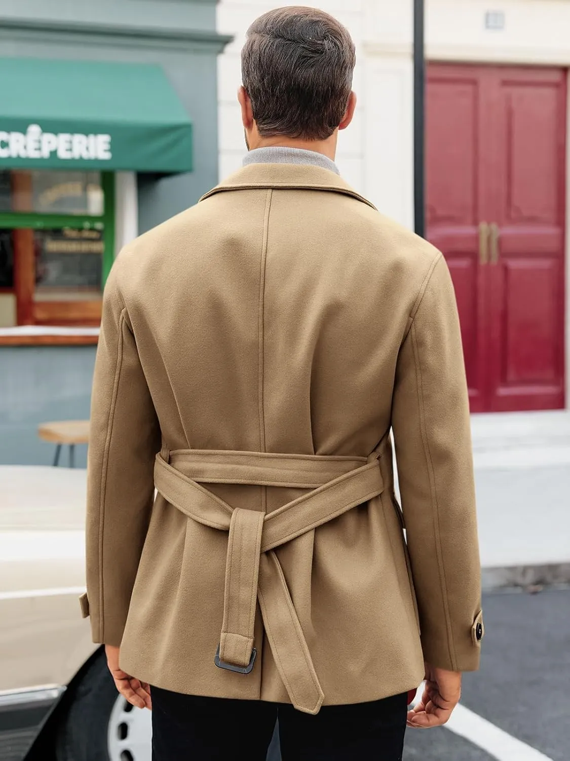 Pretifeel Mens Trench Coat Slim Fit Wool Blends Business Lapel Belted Overcoat Winter Casual Peacoat Jacket