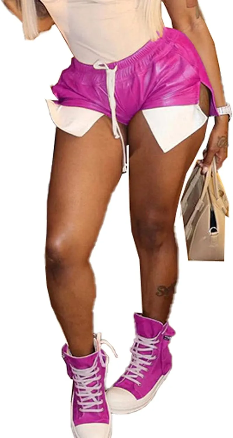 RAMOUG Women's Faux Leather Shorts Pocket Patchwork Drawstring Hot Pants