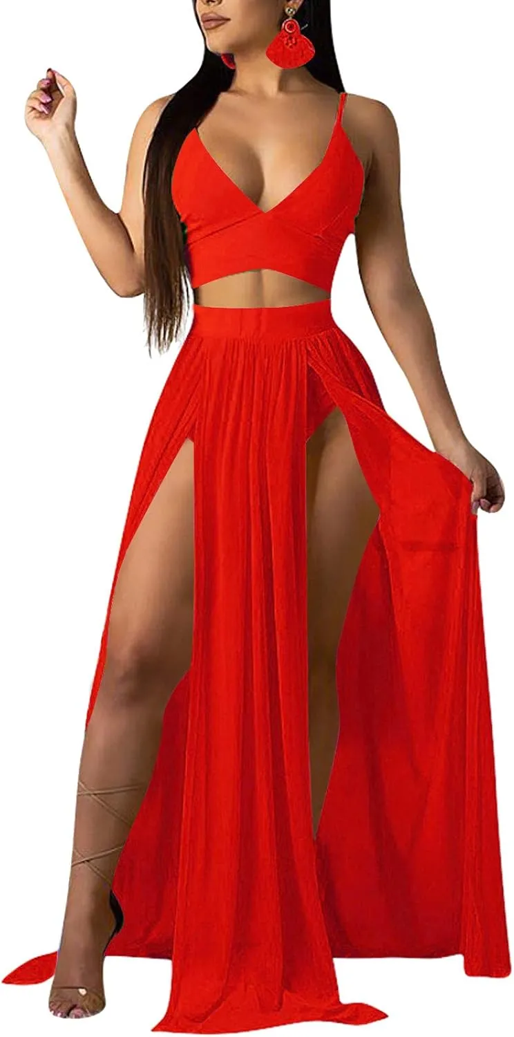 Rela Bota Women's Sexy Summer 2 Piece Maxi Chiffon Dress Crop Top Skirt Set Beachwear Cover Up