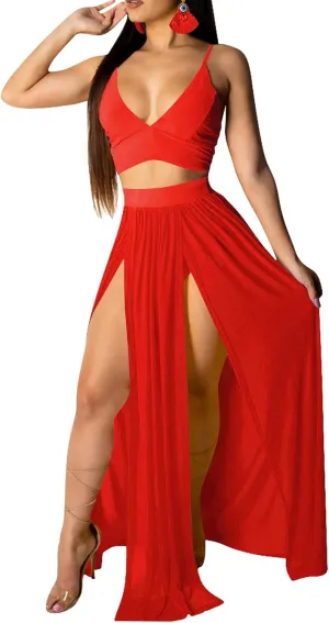 Rela Bota Women's Sexy Summer 2 Piece Maxi Chiffon Dress Crop Top Skirt Set Beachwear Cover Up