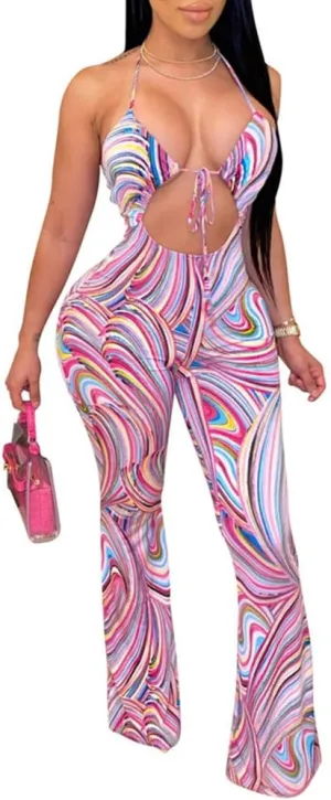 Remelon Womens Spaghetti Strap Halter Tie Dye Print Cut Out Bodycon Bell Flare Pants Club Party One Piece Jumpsuits Rompers