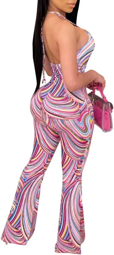 Remelon Womens Spaghetti Strap Halter Tie Dye Print Cut Out Bodycon Bell Flare Pants Club Party One Piece Jumpsuits Rompers