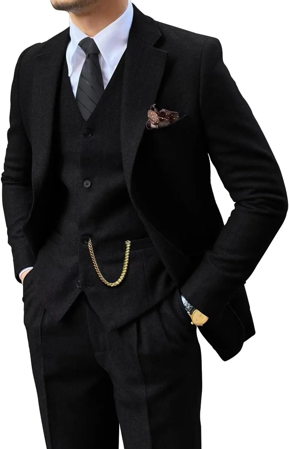 Retro 3 Piece Suit Tweed Herringbone Men's Suits Slim Fit Groom Tuxedos Set Prom Brown Grey Jacket Blazer Vest Pants