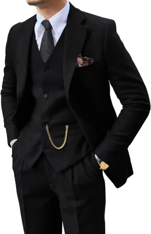 Retro 3 Piece Suit Tweed Herringbone Men's Suits Slim Fit Groom Tuxedos Set Prom Brown Grey Jacket Blazer Vest Pants
