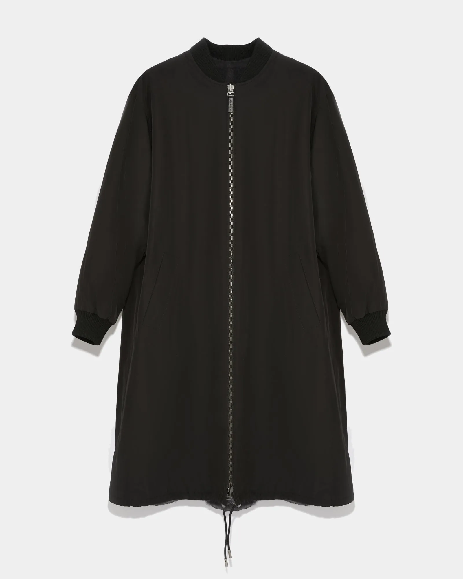 Reversible bomber parka style jacket in water-repellent technical fabric and long-haired mink