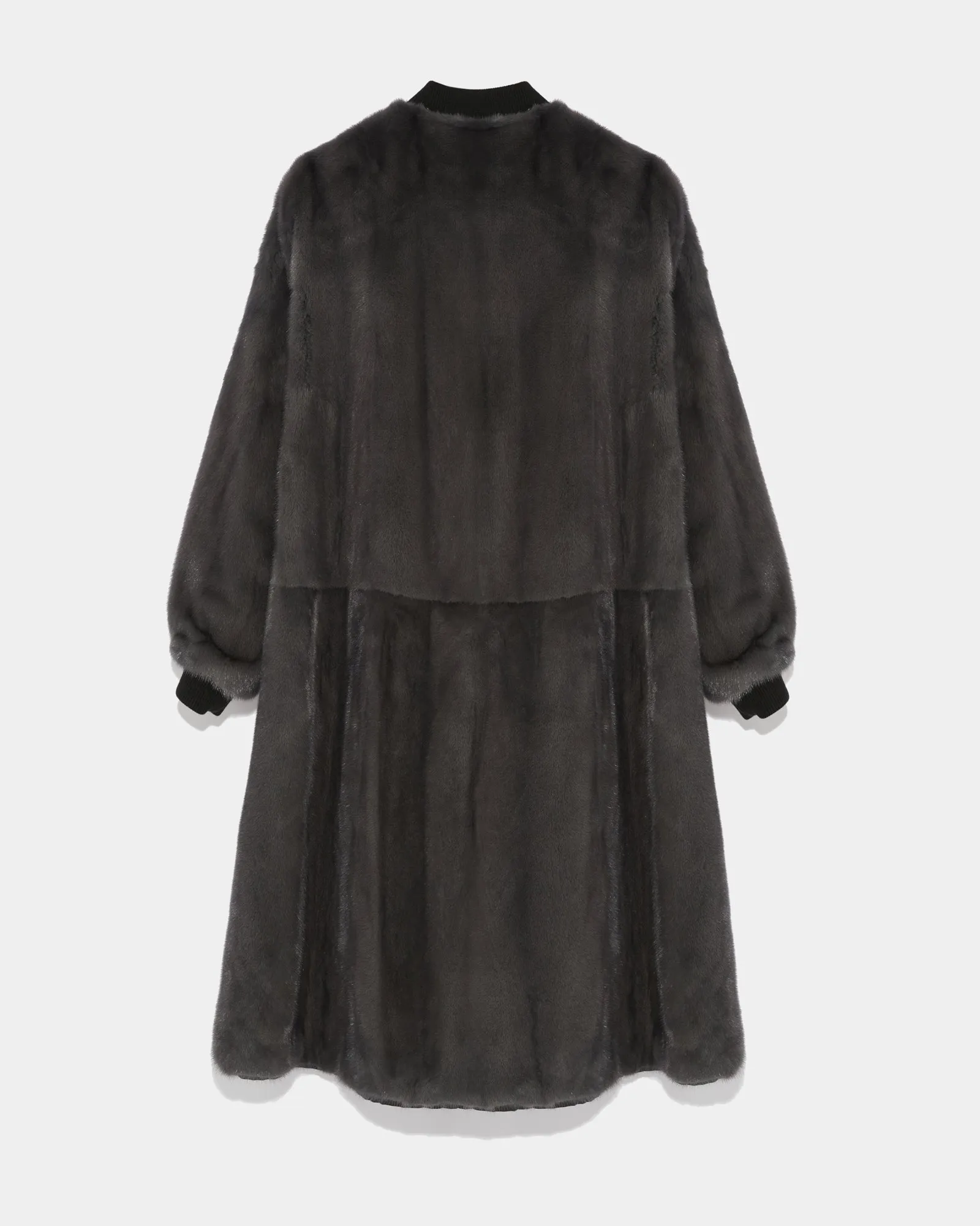 Reversible bomber parka style jacket in water-repellent technical fabric and long-haired mink