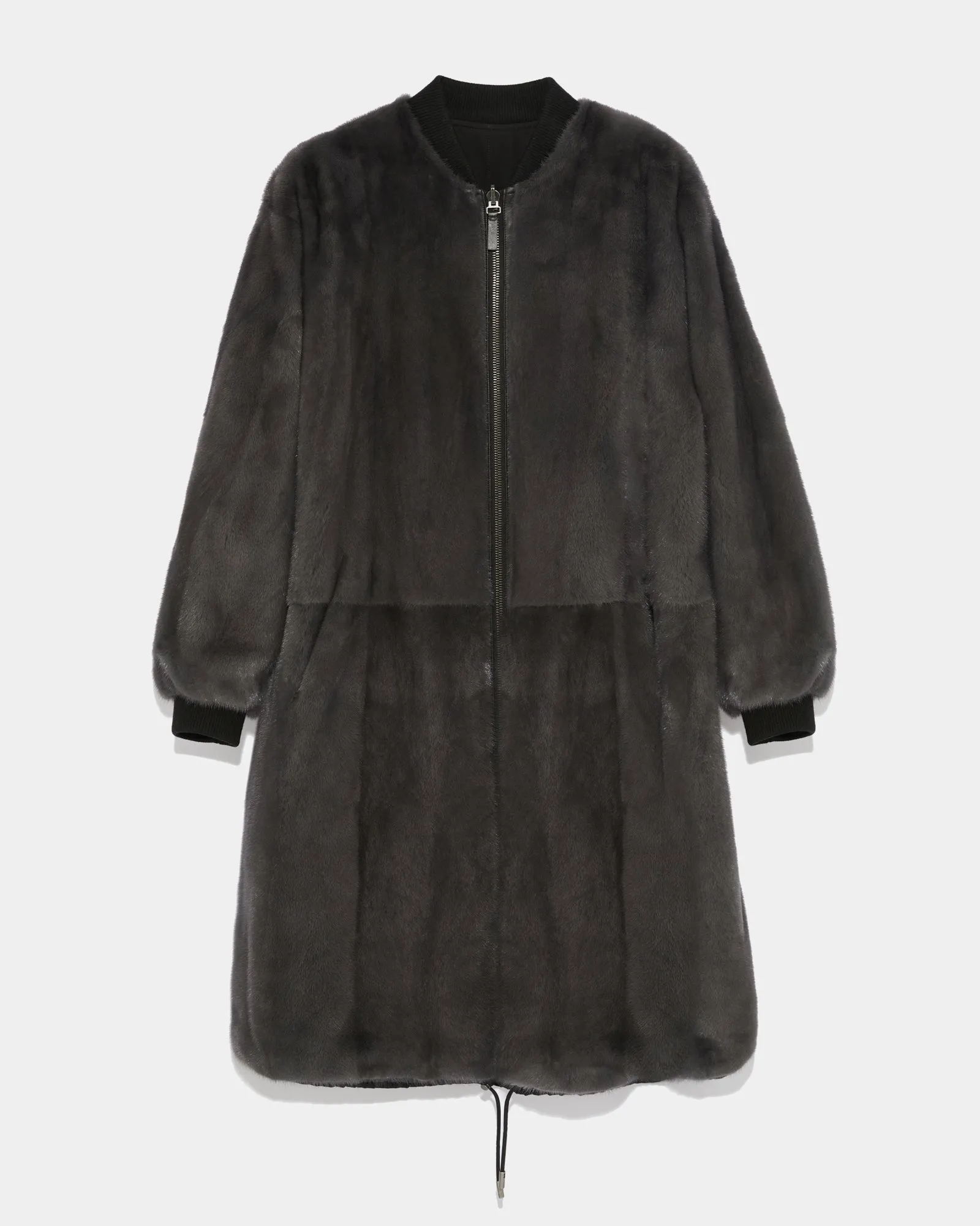 Reversible bomber parka style jacket in water-repellent technical fabric and long-haired mink