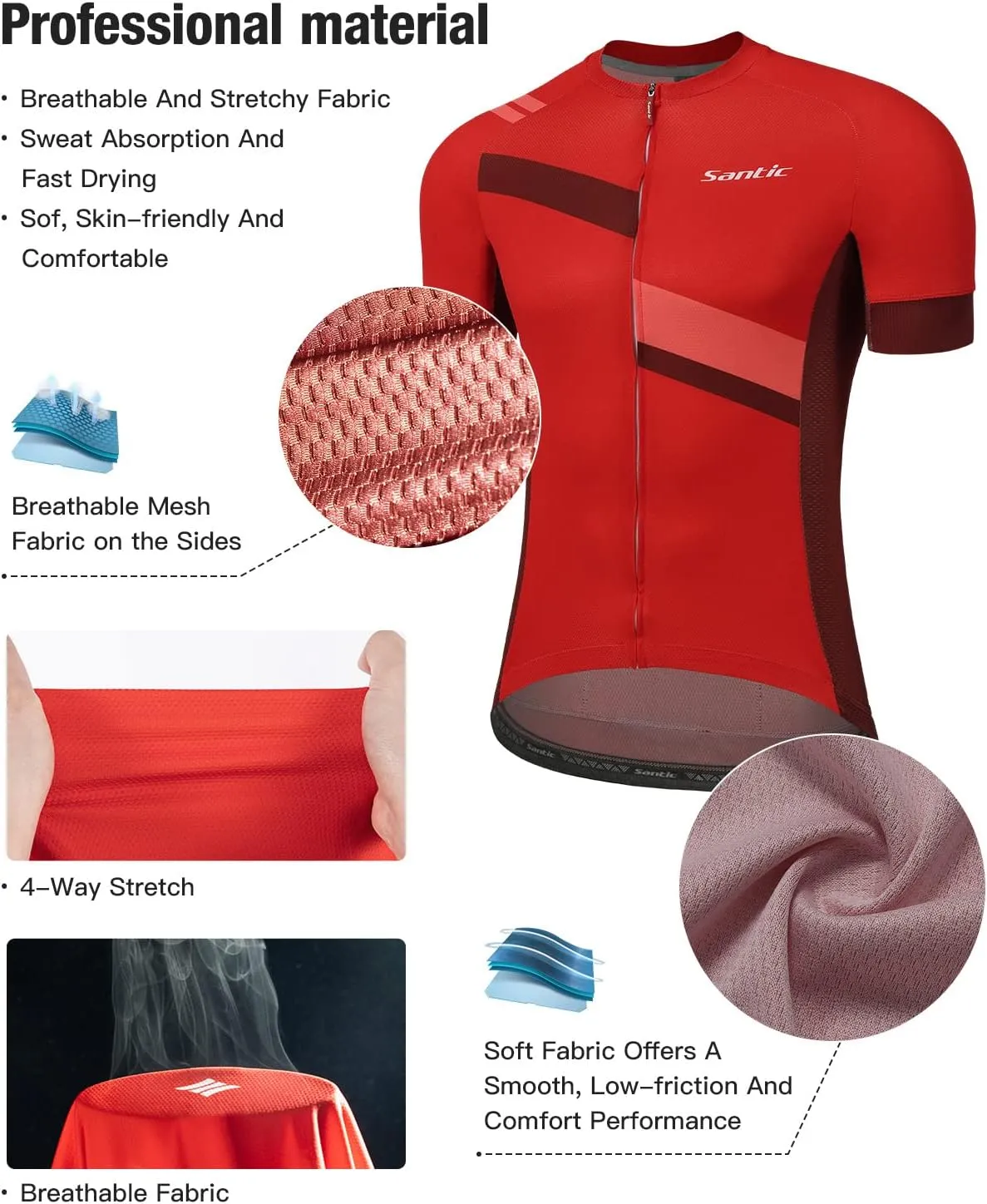 Santic Men's Cycling Jersey Shorts Sleeve Tops Pro Road Bike Bicycle Shirt Full Zip UPF 50  MTB Jersey with Pockets