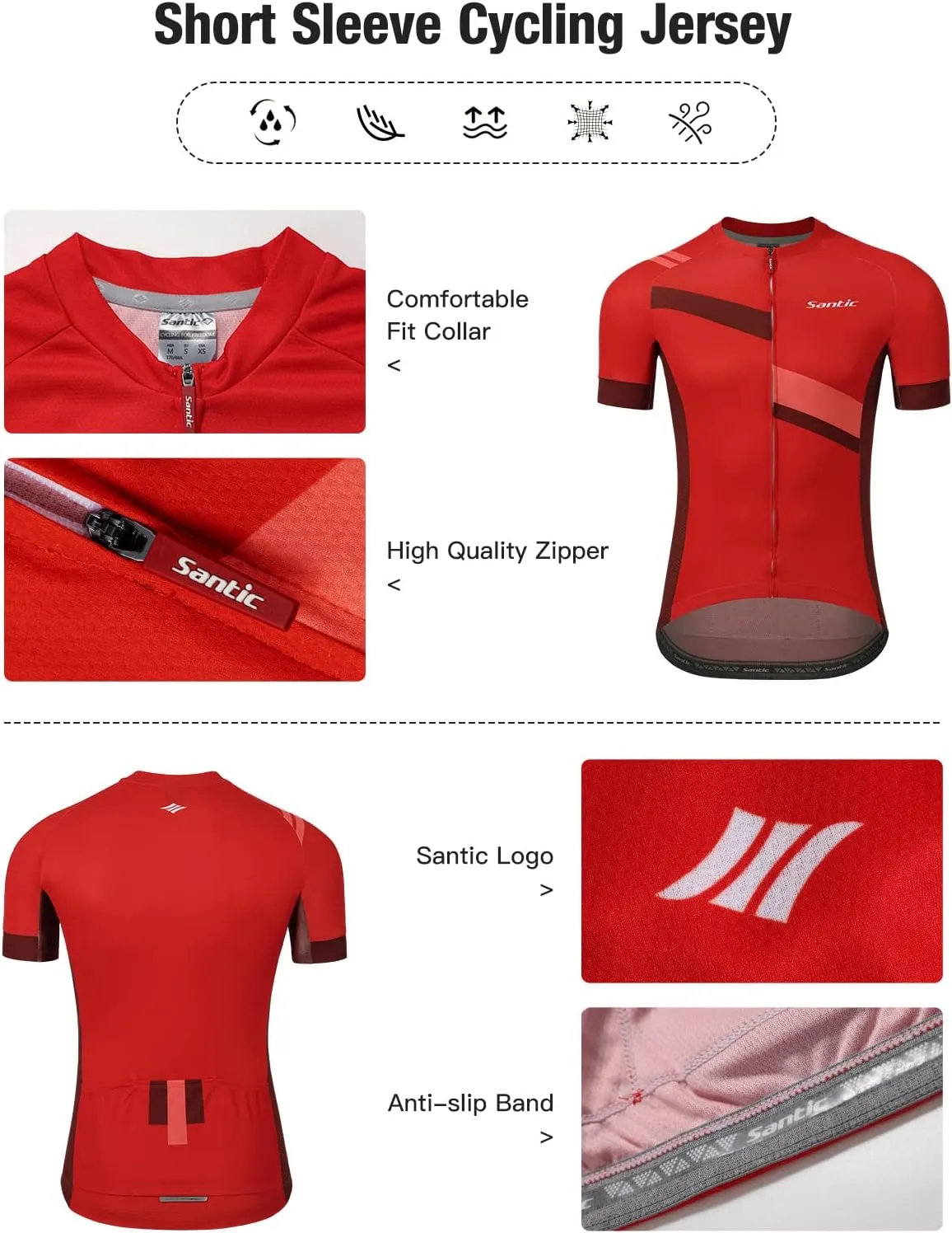 Santic Men's Cycling Jersey Shorts Sleeve Tops Pro Road Bike Bicycle Shirt Full Zip UPF 50  MTB Jersey with Pockets