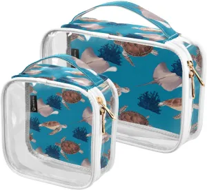Sea-life-print 2 Pack Clear Toiletry Bag Women Men, Portable Waterproof Clear Pouch, Cosmetic Bag with Double Zippers Large Opening Traveling with Handle for Bathroom Traveling Vacation Organizing