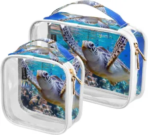 Sea-turtle-reef 2 Pack Clear Toiletry Bag Women Men, Portable Waterproof Clear Pouch, Cosmetic Bag with Double Zippers Large Opening Traveling with Handle for Bathroom Traveling Vacation Organizing