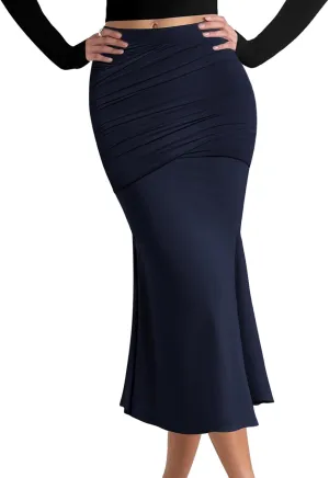 SEBOWEL Women Bodycon Ruched Skirt Shirring High Waist Casual Long Pencil Skirts Stretchy Midi Ruffle Club Party Skirt