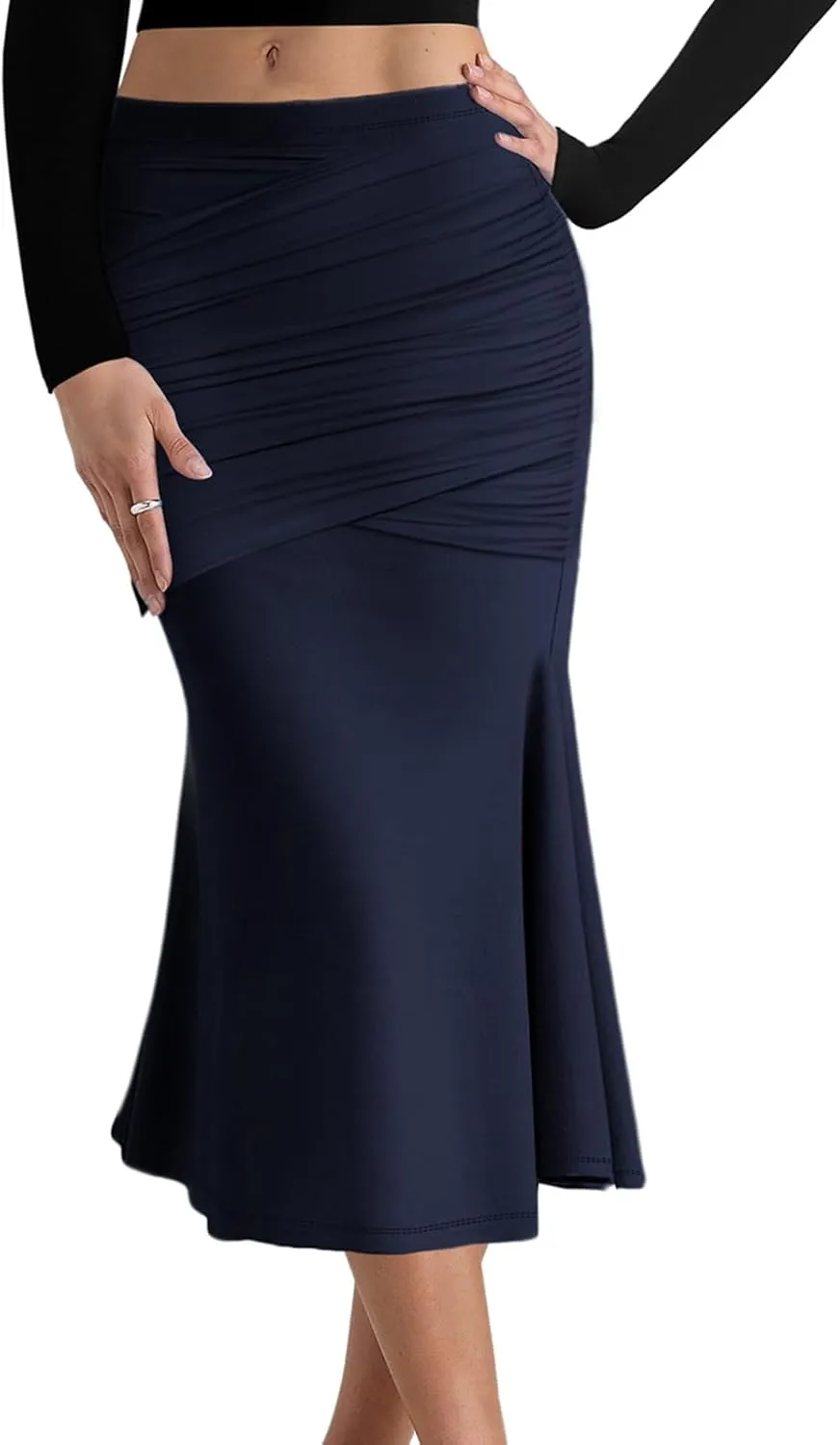 SEBOWEL Women Bodycon Ruched Skirt Shirring High Waist Casual Long Pencil Skirts Stretchy Midi Ruffle Club Party Skirt
