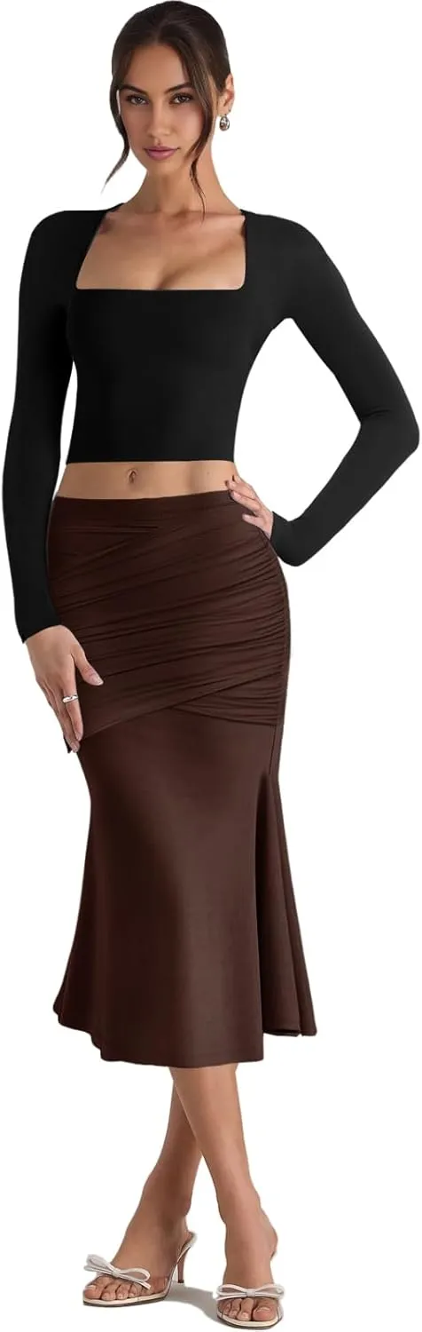 SEBOWEL Women Bodycon Ruched Skirt Shirring High Waist Casual Long Pencil Skirts Stretchy Midi Ruffle Club Party Skirt
