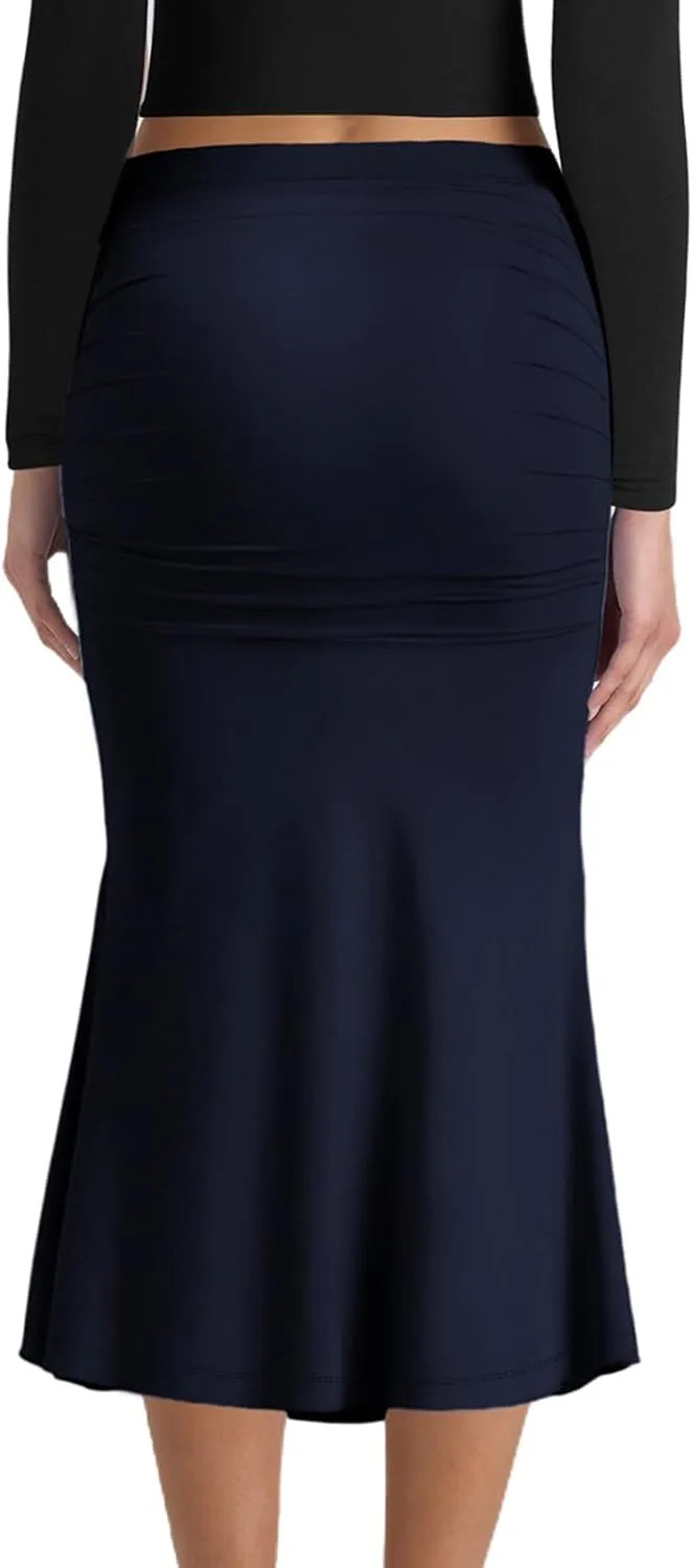 SEBOWEL Women Bodycon Ruched Skirt Shirring High Waist Casual Long Pencil Skirts Stretchy Midi Ruffle Club Party Skirt