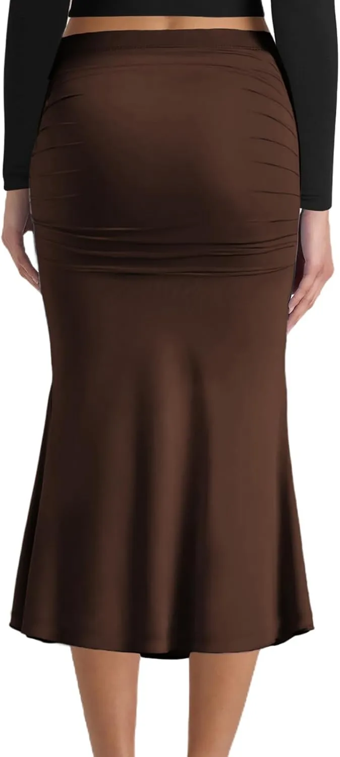 SEBOWEL Women Bodycon Ruched Skirt Shirring High Waist Casual Long Pencil Skirts Stretchy Midi Ruffle Club Party Skirt