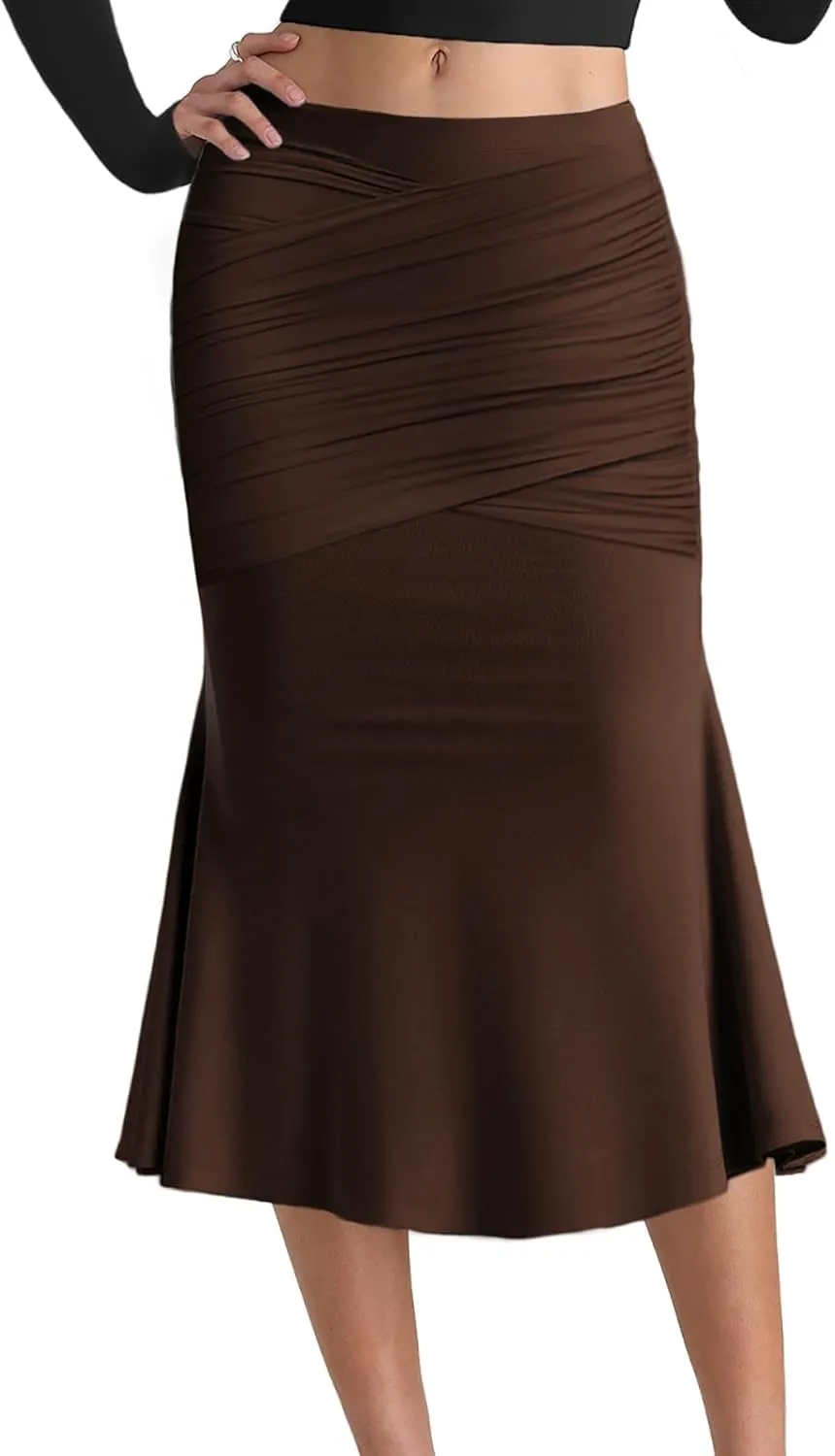 SEBOWEL Women Bodycon Ruched Skirt Shirring High Waist Casual Long Pencil Skirts Stretchy Midi Ruffle Club Party Skirt
