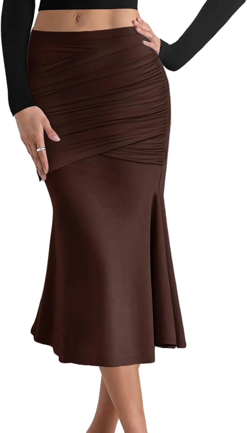 SEBOWEL Women Bodycon Ruched Skirt Shirring High Waist Casual Long Pencil Skirts Stretchy Midi Ruffle Club Party Skirt