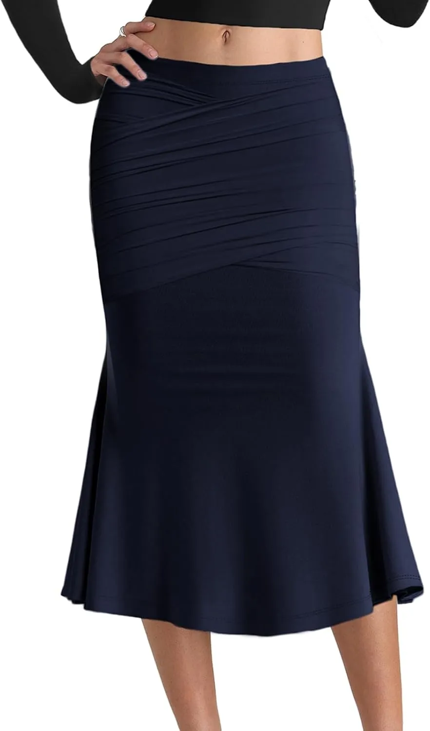 SEBOWEL Women Bodycon Ruched Skirt Shirring High Waist Casual Long Pencil Skirts Stretchy Midi Ruffle Club Party Skirt
