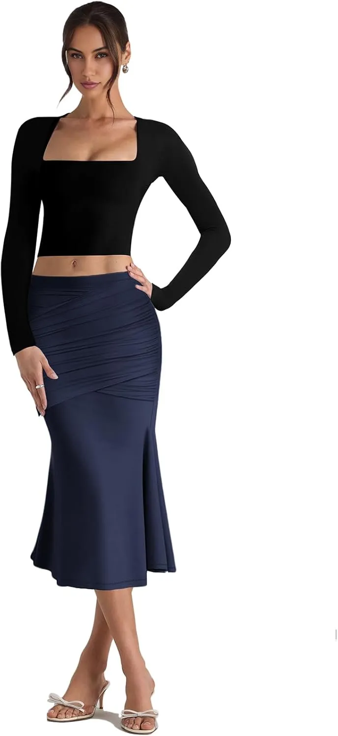 SEBOWEL Women Bodycon Ruched Skirt Shirring High Waist Casual Long Pencil Skirts Stretchy Midi Ruffle Club Party Skirt