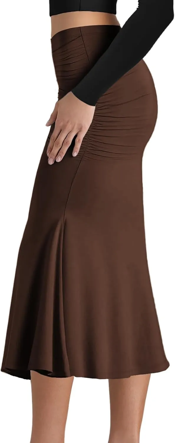 SEBOWEL Women Bodycon Ruched Skirt Shirring High Waist Casual Long Pencil Skirts Stretchy Midi Ruffle Club Party Skirt