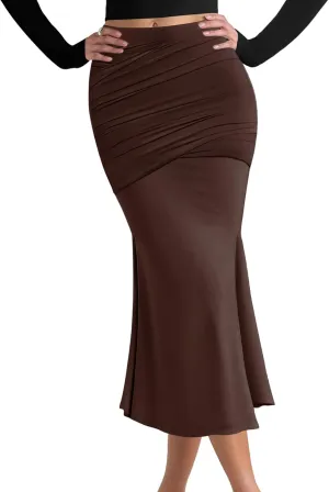 SEBOWEL Women Bodycon Ruched Skirt Shirring High Waist Casual Long Pencil Skirts Stretchy Midi Ruffle Club Party Skirt