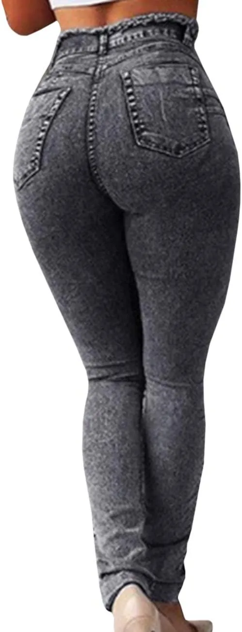 Sexyshine Women's High Waisted Skinny Destroyed Ripped Hole Denim Pants Long Stretch Pencil Jeans