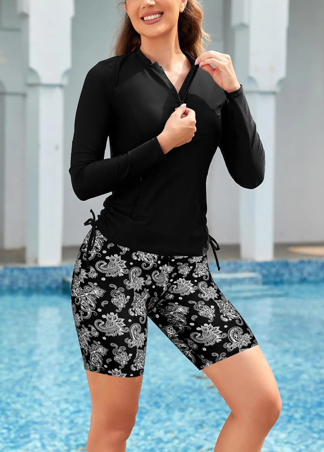 SHEKINI Women's 3 Piece Rash Guard Swimsuit Set Built-in Bra Tank Top Long Sleeve Zip Up Shirt Board Shorts Swimwear Bottom