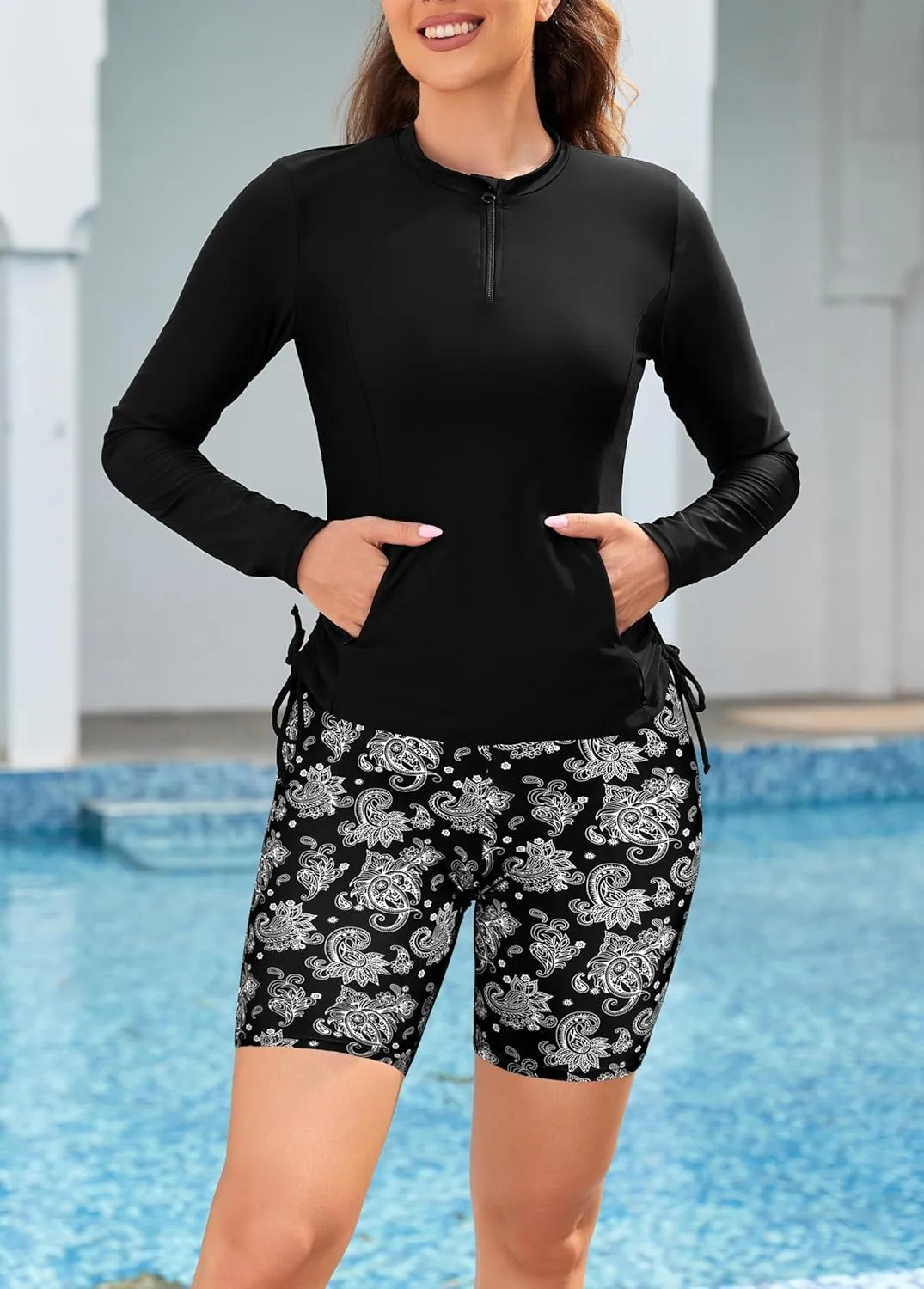SHEKINI Women's 3 Piece Rash Guard Swimsuit Set Built-in Bra Tank Top Long Sleeve Zip Up Shirt Board Shorts Swimwear Bottom