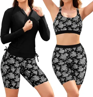 SHEKINI Women's 3 Piece Rash Guard Swimsuit Set Built-in Bra Tank Top Long Sleeve Zip Up Shirt Board Shorts Swimwear Bottom