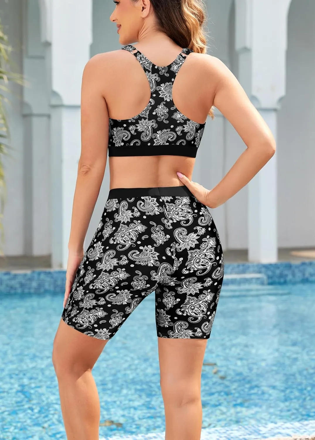 SHEKINI Women's 3 Piece Rash Guard Swimsuit Set Built-in Bra Tank Top Long Sleeve Zip Up Shirt Board Shorts Swimwear Bottom