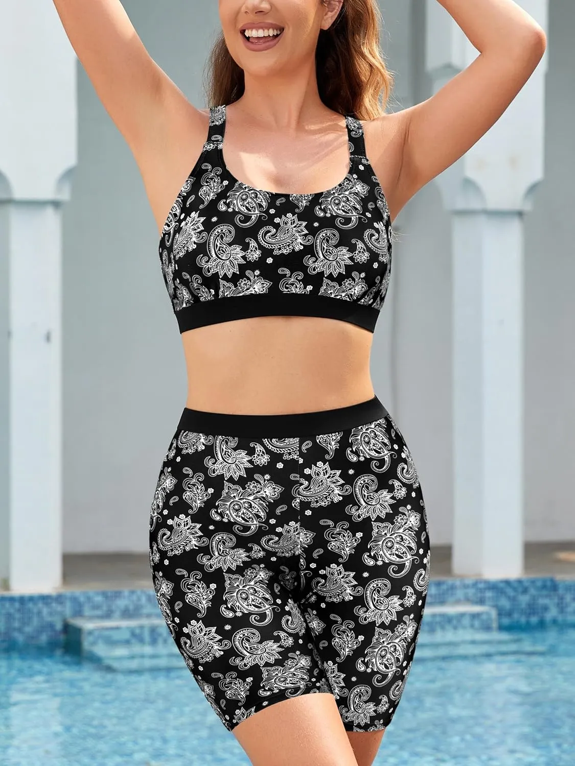 SHEKINI Women's 3 Piece Rash Guard Swimsuit Set Built-in Bra Tank Top Long Sleeve Zip Up Shirt Board Shorts Swimwear Bottom