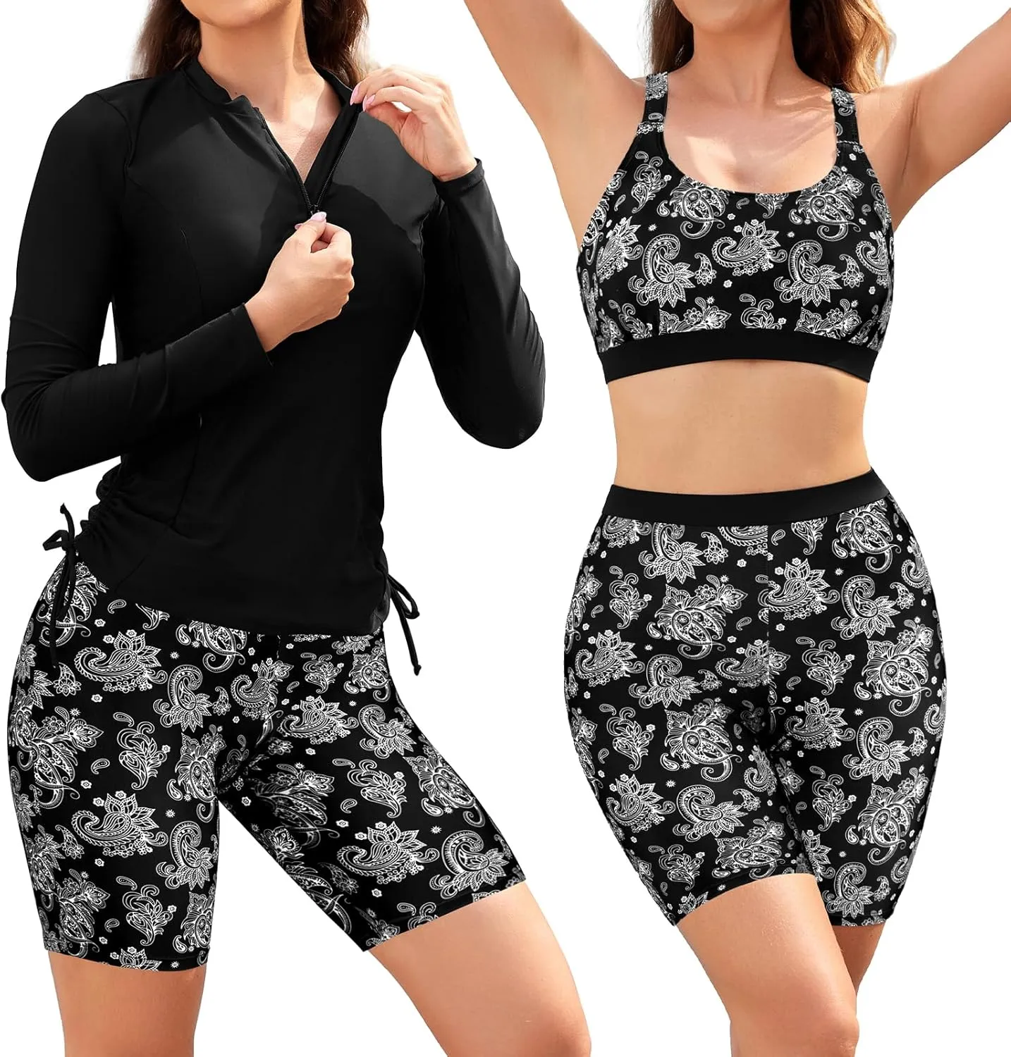 SHEKINI Women's 3 Piece Rash Guard Swimsuit Set Built-in Bra Tank Top Long Sleeve Zip Up Shirt Board Shorts Swimwear Bottom