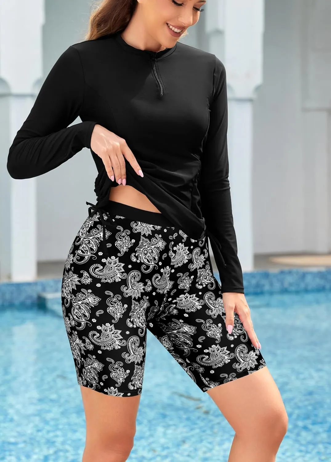 SHEKINI Women's 3 Piece Rash Guard Swimsuit Set Built-in Bra Tank Top Long Sleeve Zip Up Shirt Board Shorts Swimwear Bottom