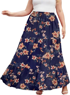 SHIJIALI Women's Plus Size Casual Boho High Waisted Flowy Maxi Skirts Trendy Floral Pleated Long Skirts with Pockets