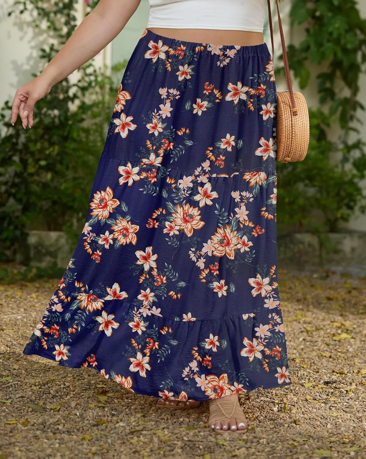 SHIJIALI Women's Plus Size Casual Boho High Waisted Flowy Maxi Skirts Trendy Floral Pleated Long Skirts with Pockets