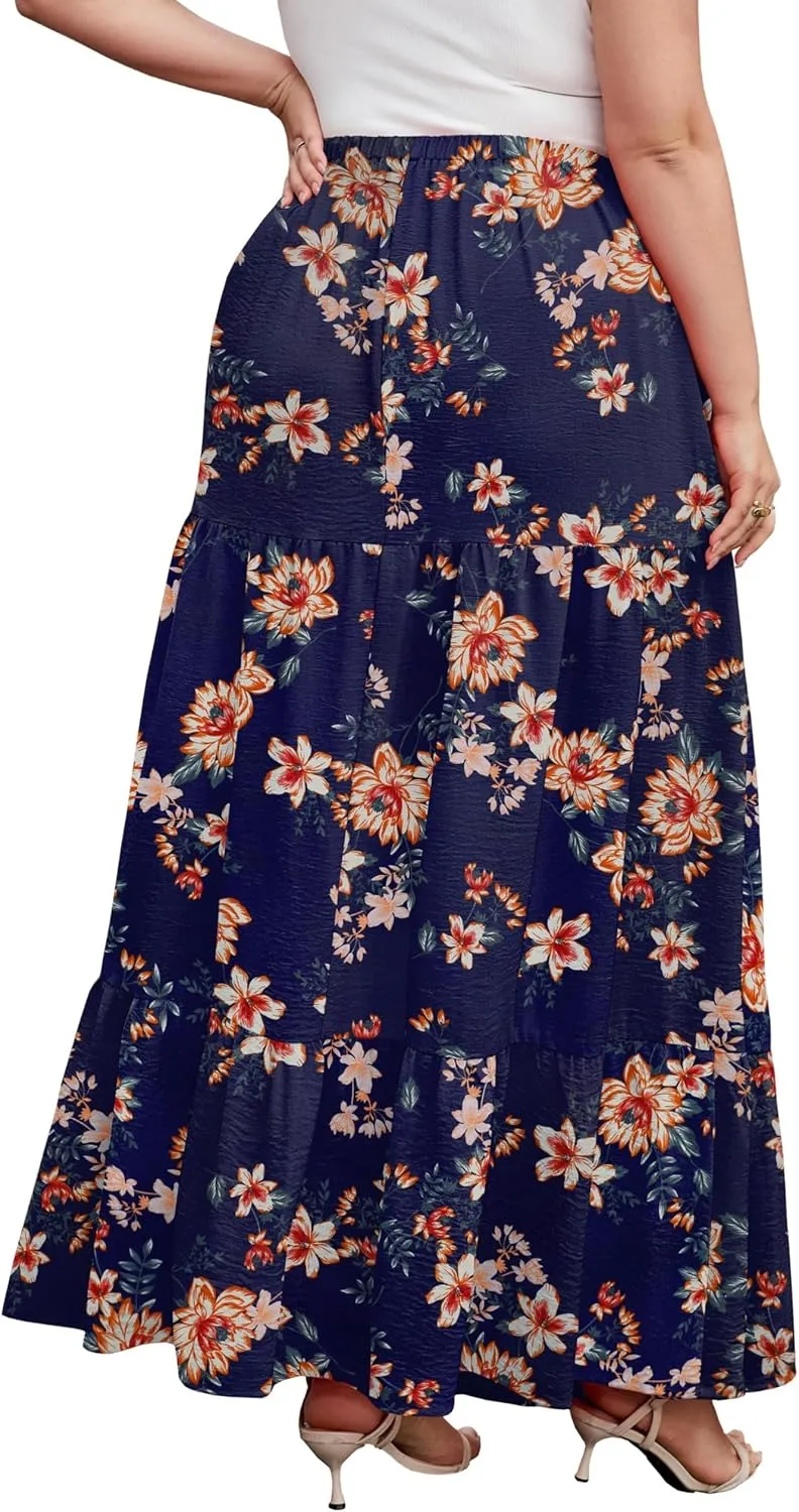SHIJIALI Women's Plus Size Casual Boho High Waisted Flowy Maxi Skirts Trendy Floral Pleated Long Skirts with Pockets