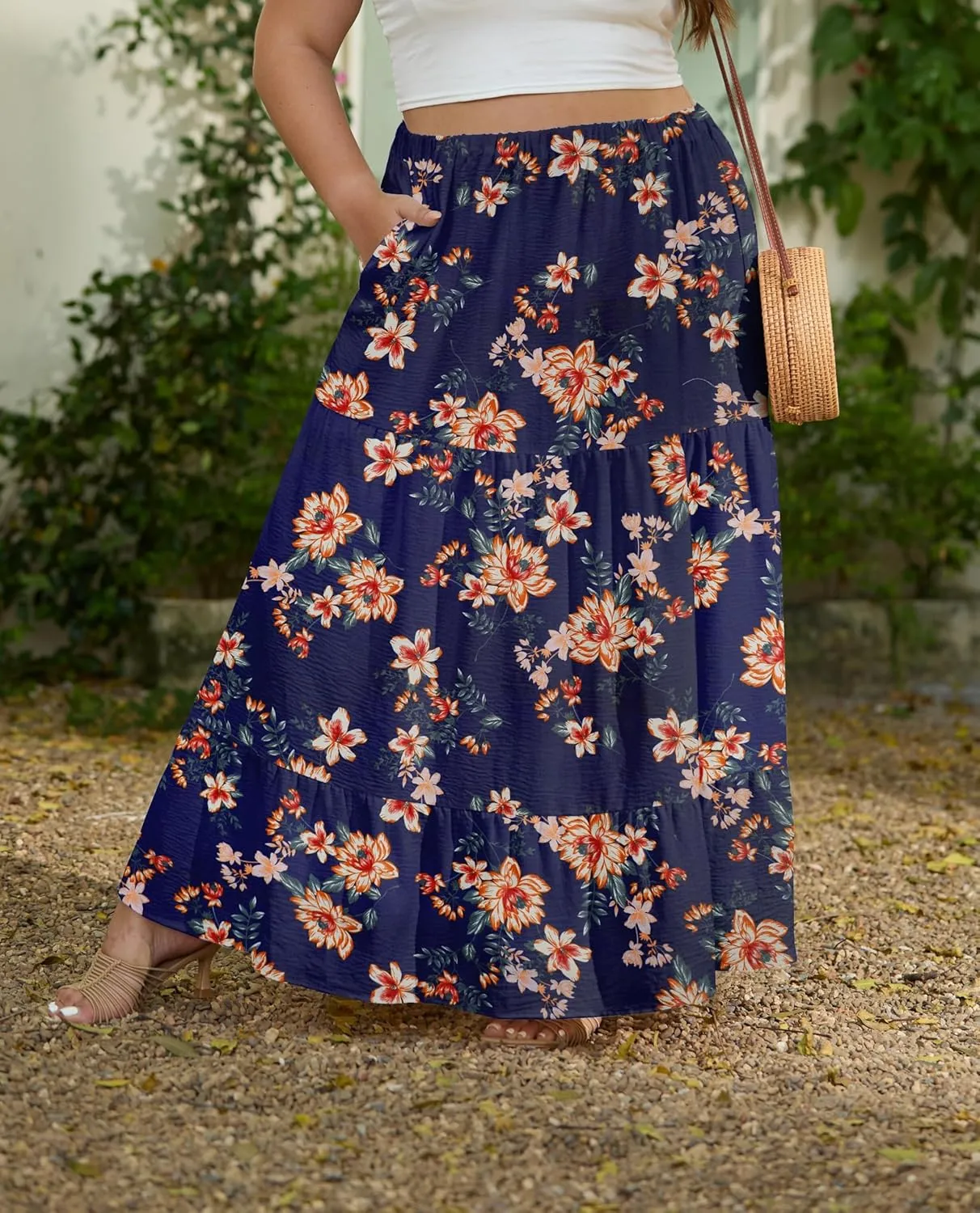 SHIJIALI Women's Plus Size Casual Boho High Waisted Flowy Maxi Skirts Trendy Floral Pleated Long Skirts with Pockets