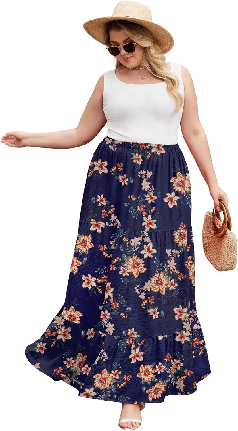 SHIJIALI Women's Plus Size Casual Boho High Waisted Flowy Maxi Skirts Trendy Floral Pleated Long Skirts with Pockets